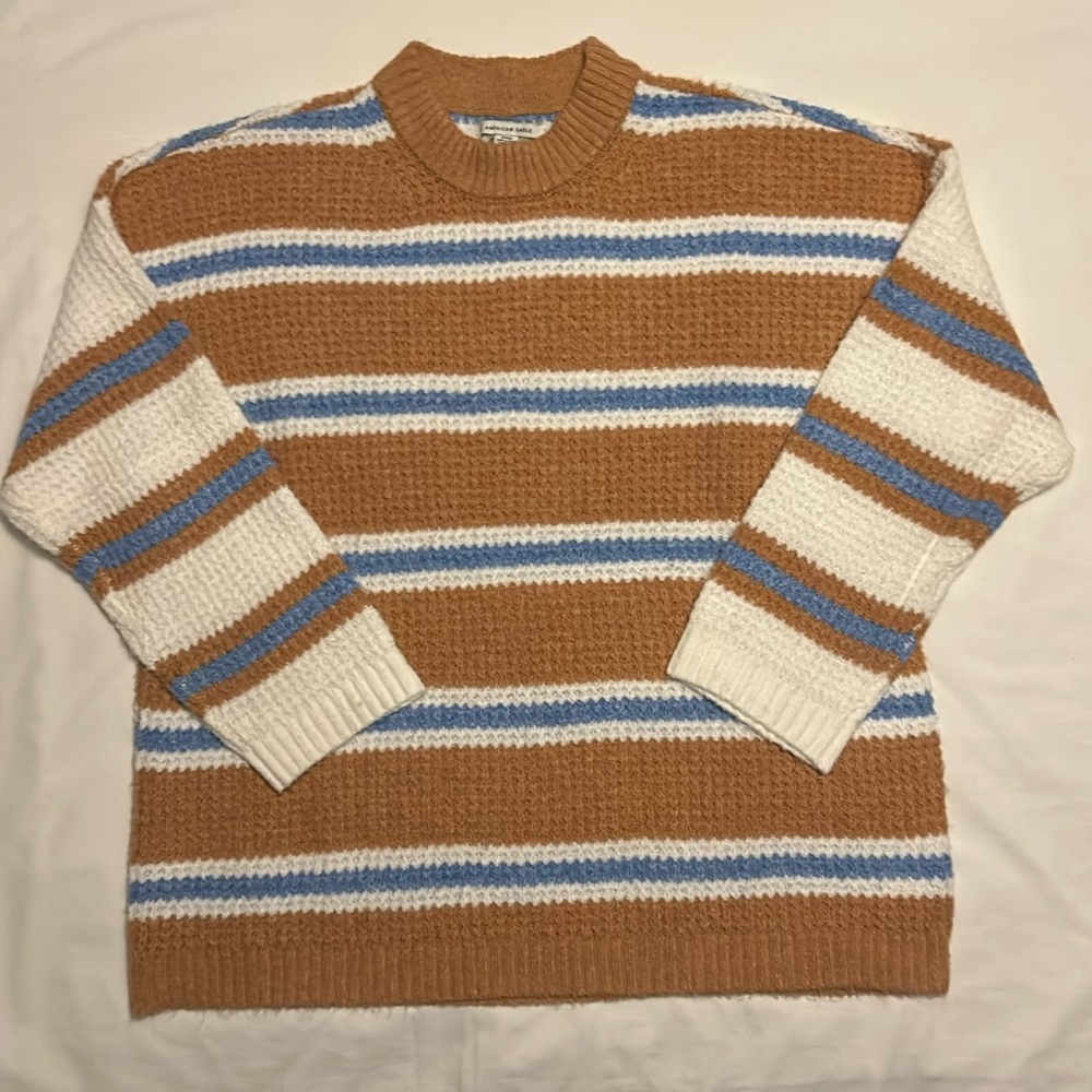 American Eagle Oversized Sweater Small Brown Blue White Stripes